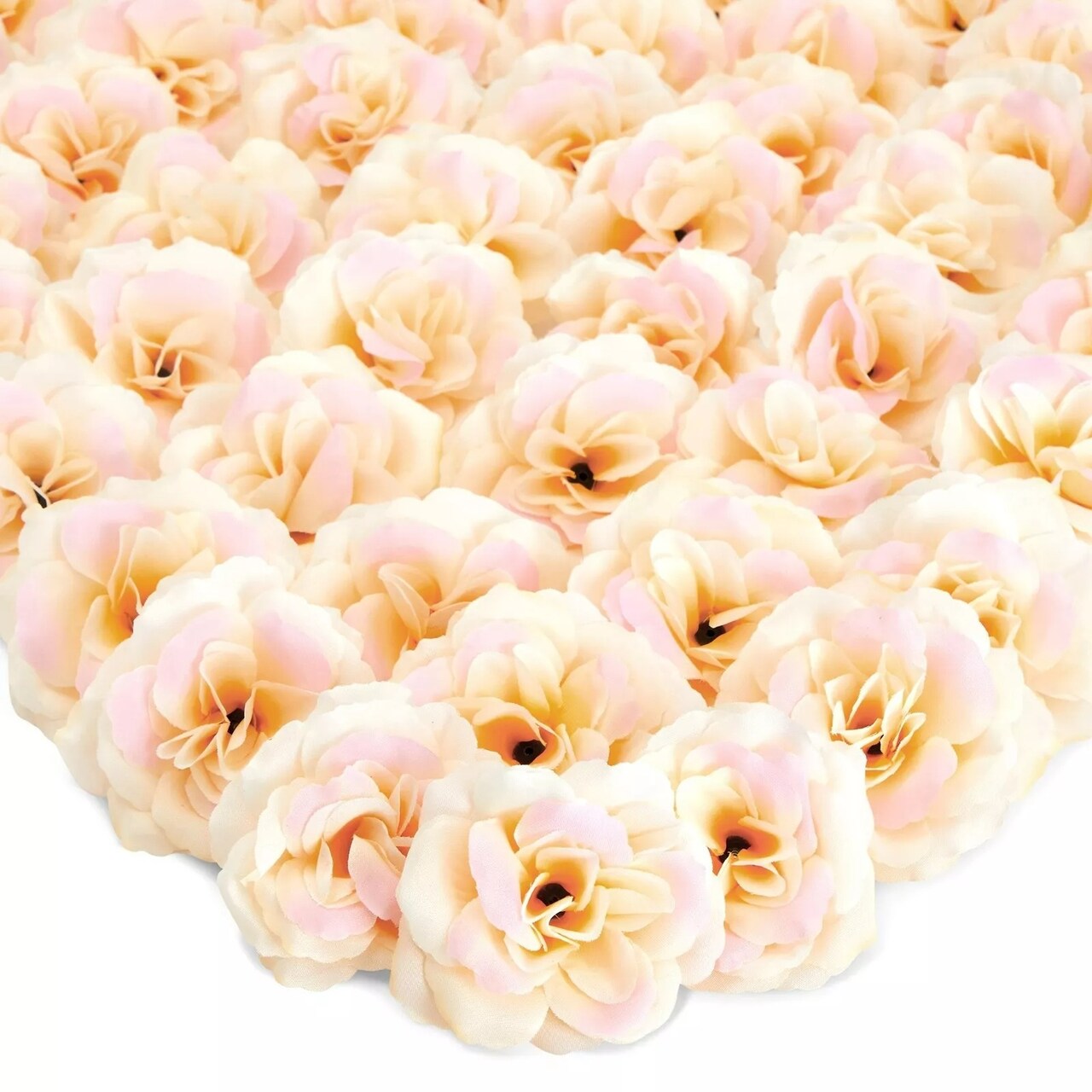 50 Pack Champagne Roses Artificial Flowers Bulk, 3" Stemless Fake Silk Roses